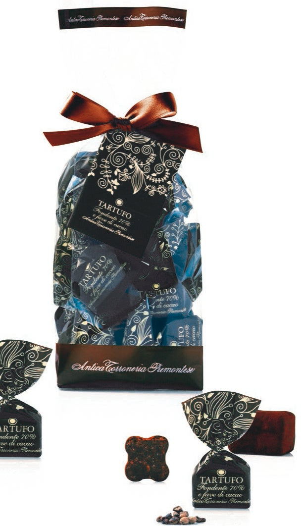 Sweet Truffles with 70% cocoa chocolate and cocoa nibs